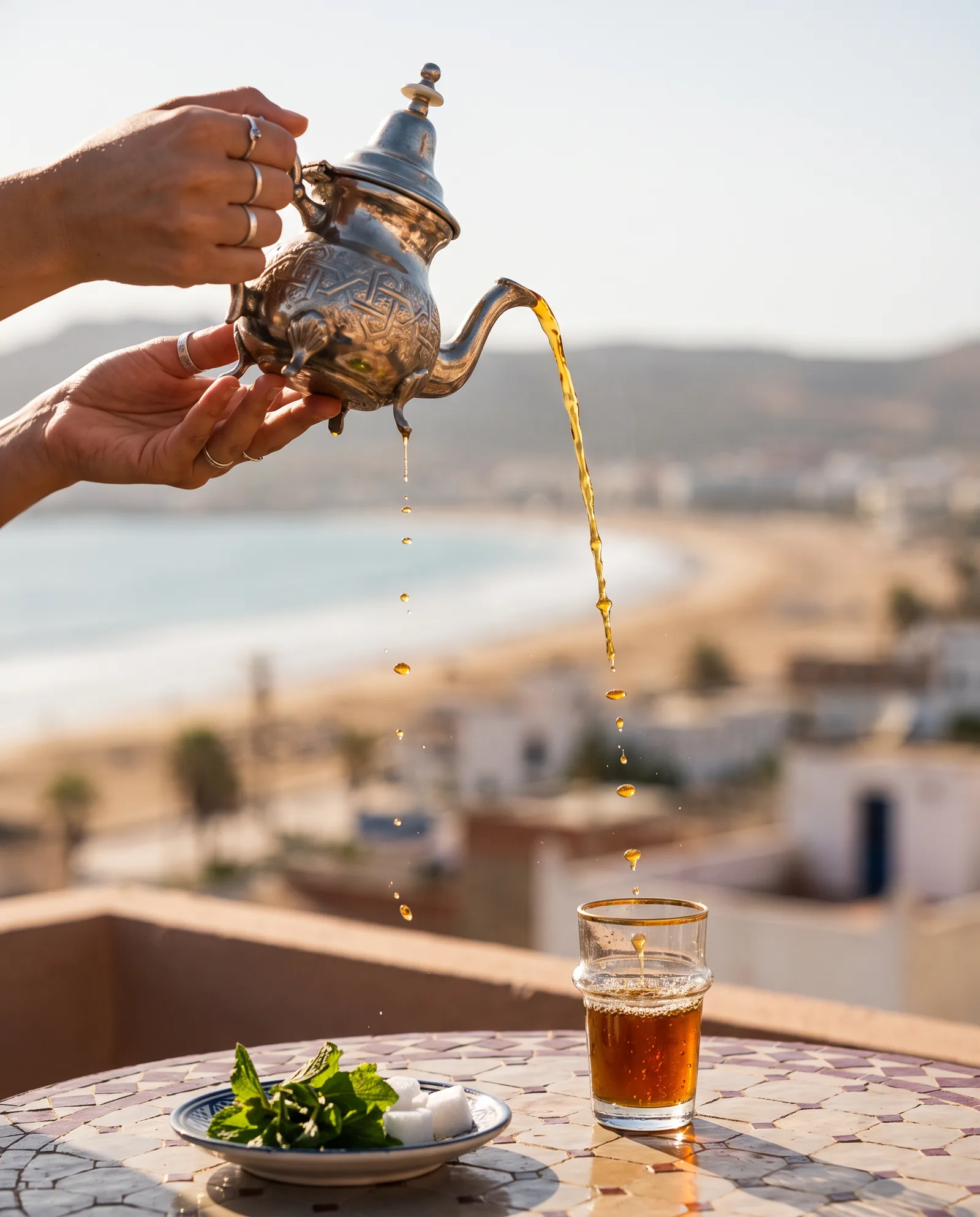 Thé à la menthe servi sur une terrasse de riad au coucher du soleil